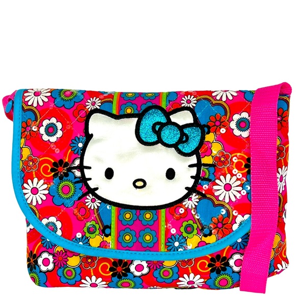 Hello Kitty Other - Hello Kitty Pink Blue Sequin Glitter Bow Nylon Flap Crossbody Bag